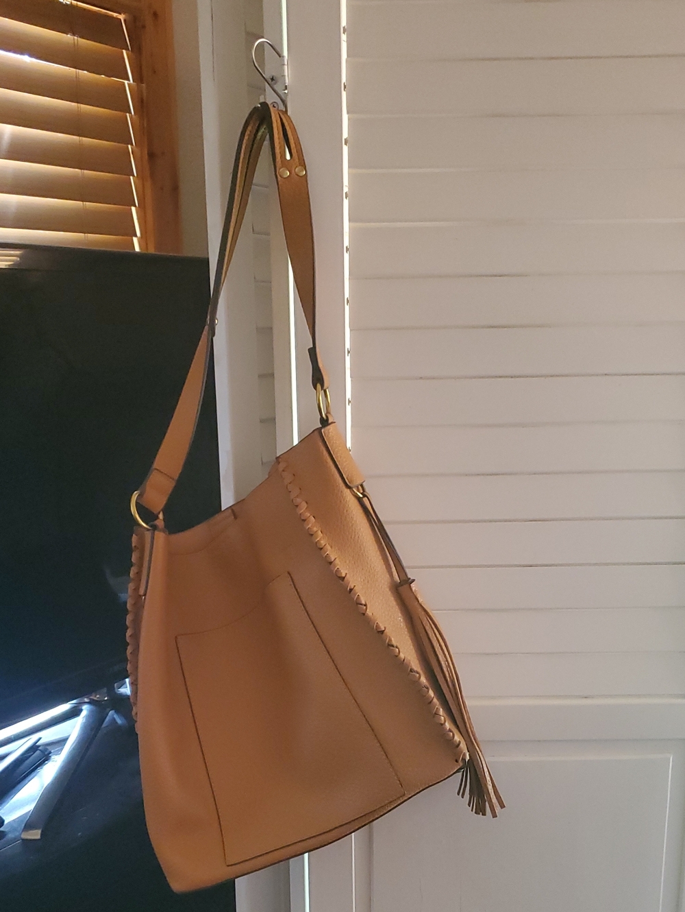 Tan Leather-Style Hobo Shoulder Bag with Tassel